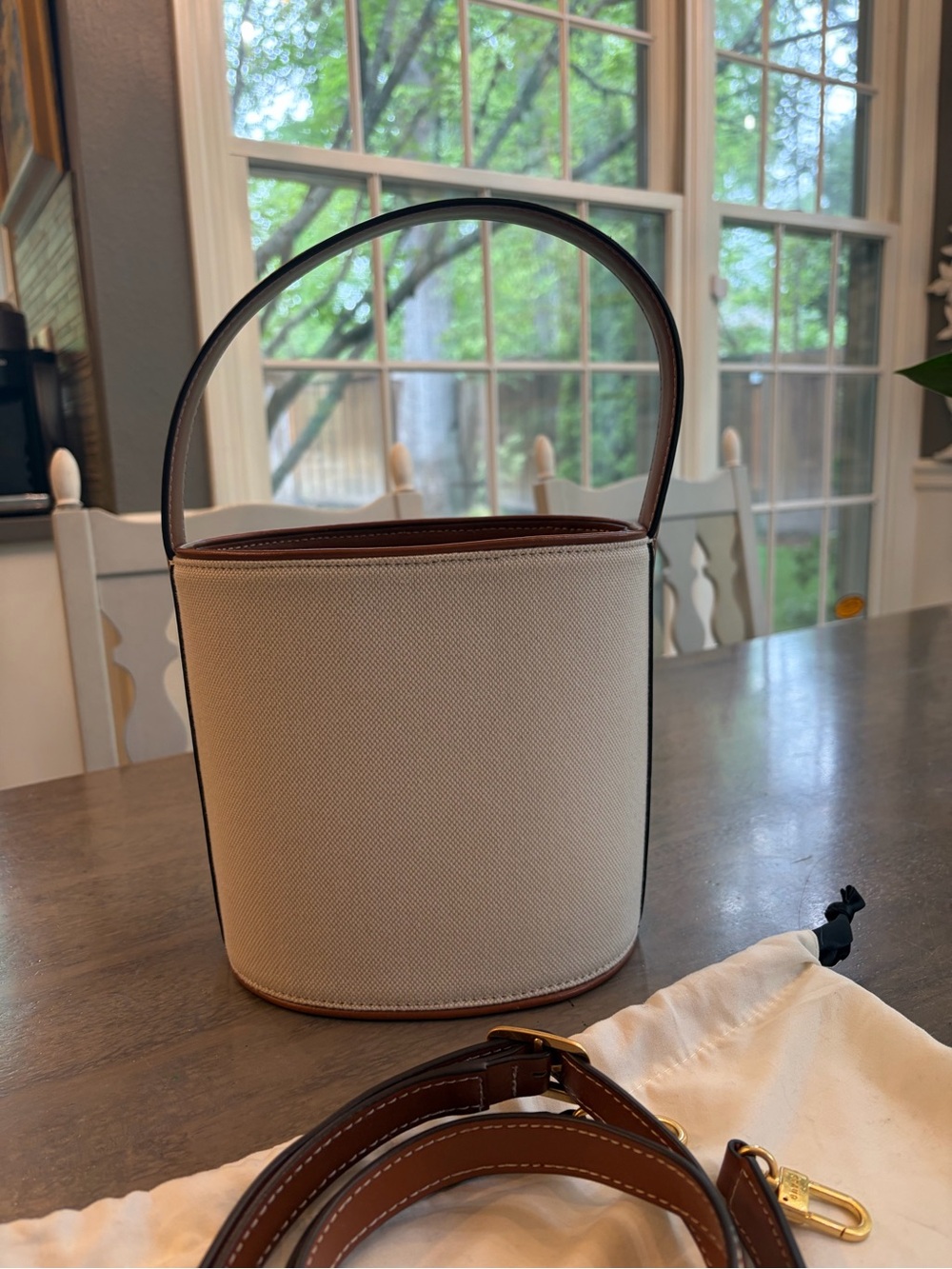 STAUD Bissett Leather-Trimmed Canvas Bucket Bag - Picture 2 of 9